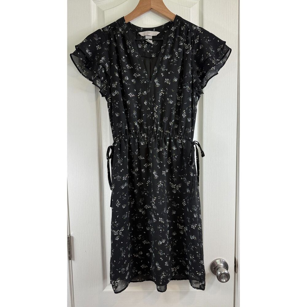 H&M Women's Black Floral Flutter Sleeve Side Ties Dress Lined Polyester Size 2